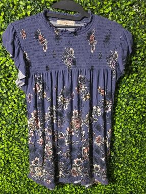 Rewind Navy Floral Smocked Short Sleeve Dress with Pink and Cream Accents